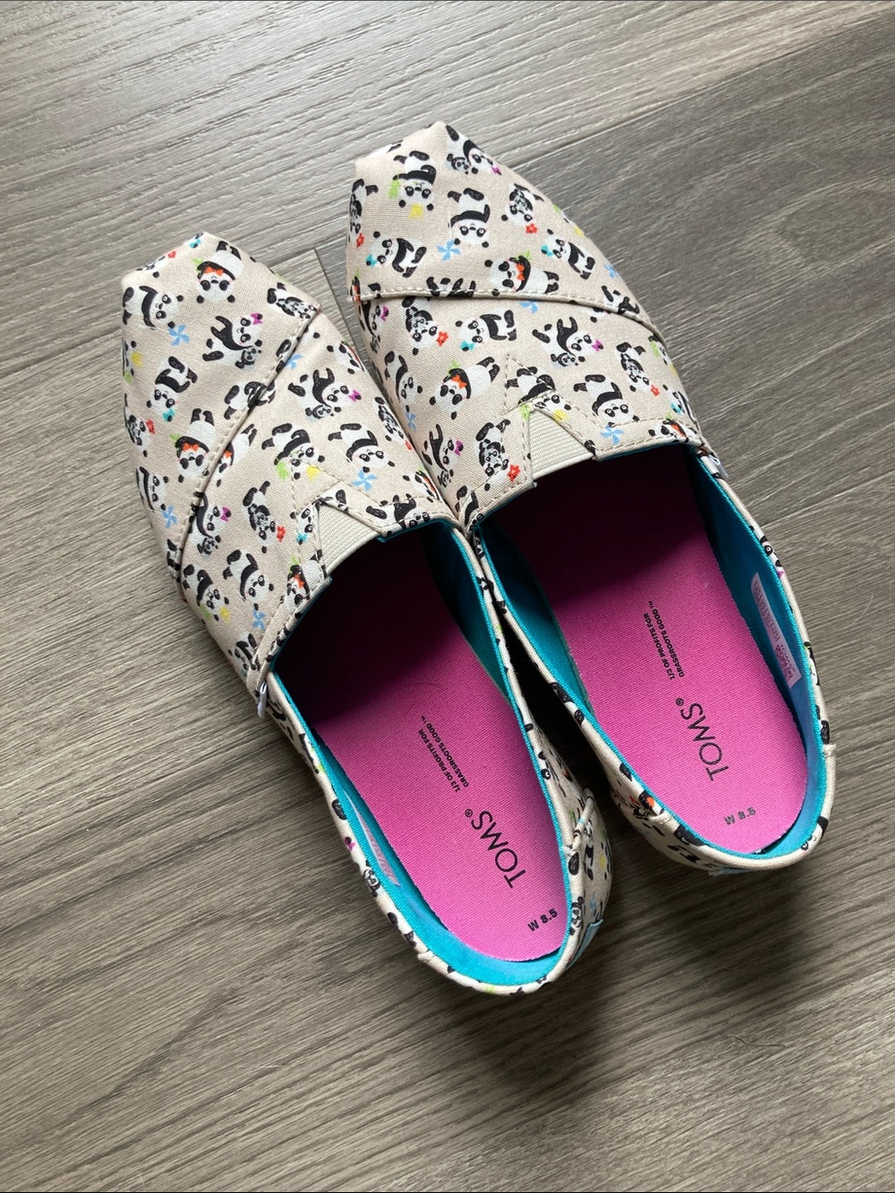 TOMS Cream Panda Print Slip-Ons with Pink Insole and Teal Trim